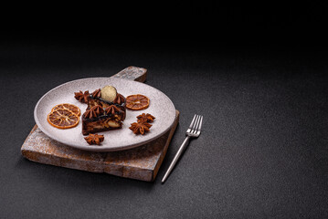 Sweet round tart with chocolate coating and nut filling