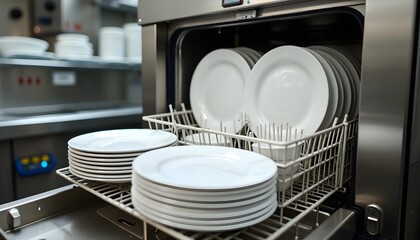 Clean white plates organized in a commercial dishwasher  