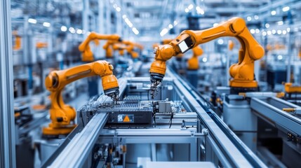 A modern factory with automated production lines, robotic arms assembling products with precision and efficiency