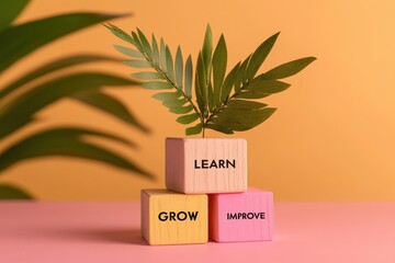 Growth and Learning Concept with Wooden Blocks and Green Leaves on Colorful Background