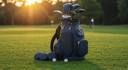 Premium midnight blue leather golf bag with brass hardware, sunrise, first tee, copy space
