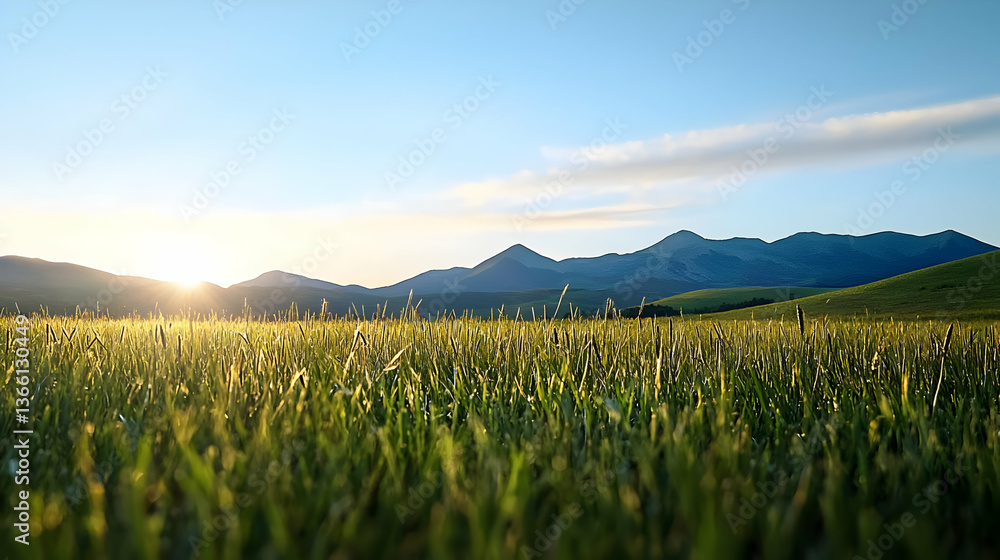 Poster golden field illuminated by setting sun under blue sky with soft clouds and distant mountain range