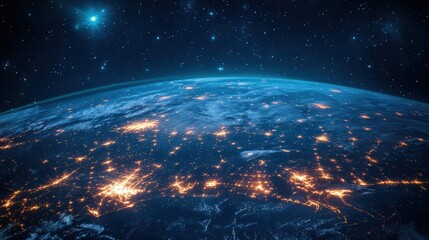 A futuristic communication network, with 5G towers, satellites, and data exchanges connecting devices across the world