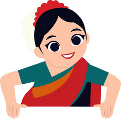 Smiling Indian Girl Cartoon Advert peeking, Bharatnatyam pose happy International Dance Day