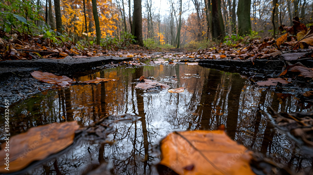 Poster autumnal forest scene with puddle reflecting trees and fallen leaves in the path