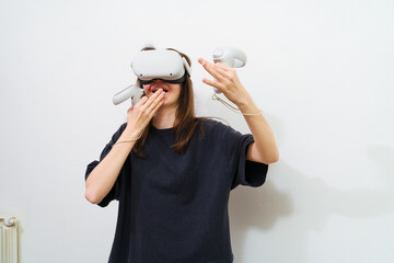 girl in viar glasses, virtual reality glasses on a white background