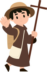 Young Pilgrim Waving Cross Journey peeking, happy Maundy Thursday