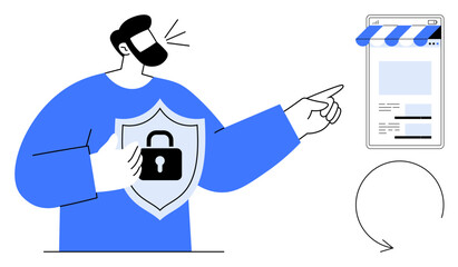 Man holding shield with lock, pointing at digital storefront while speaking. Ideal for online protection, cybersecurity, digital privacy, e-commerce safety, secure communication, fraud prevention