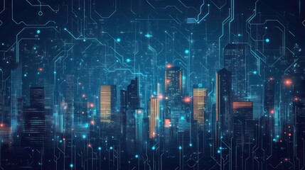 Smart city at night, digital network overlay, futuristic cityscape, technological advancement, website banner