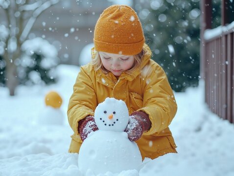 Child building snowman in winter wonderland with joyful expressions and orange outfit, perfect for seasonal holiday themes and family happiness concepts - Powered by Adobe