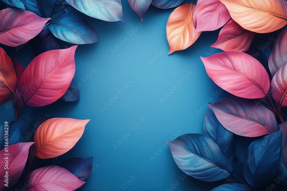 Poster artistic foliage: a stunning artistic display of colorful leaves frames a deep blue, creating a capt