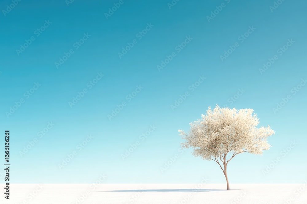 Poster minimalistic 3d vegetation scene with single stylized low-poly tree casting soft shadow serene meado