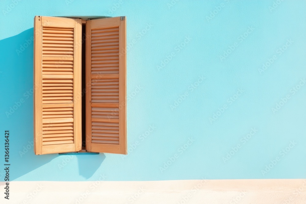 Poster open shutters framing quaint village street with soft shadows adding depth and texture to scene