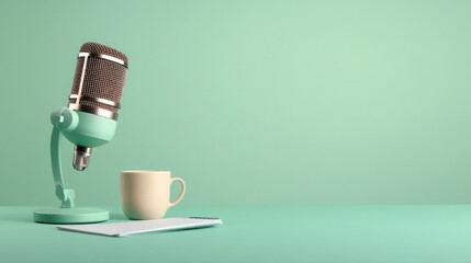 podcast recording table with compact mic cup of coffee and notepad set in front of light green chroma key background