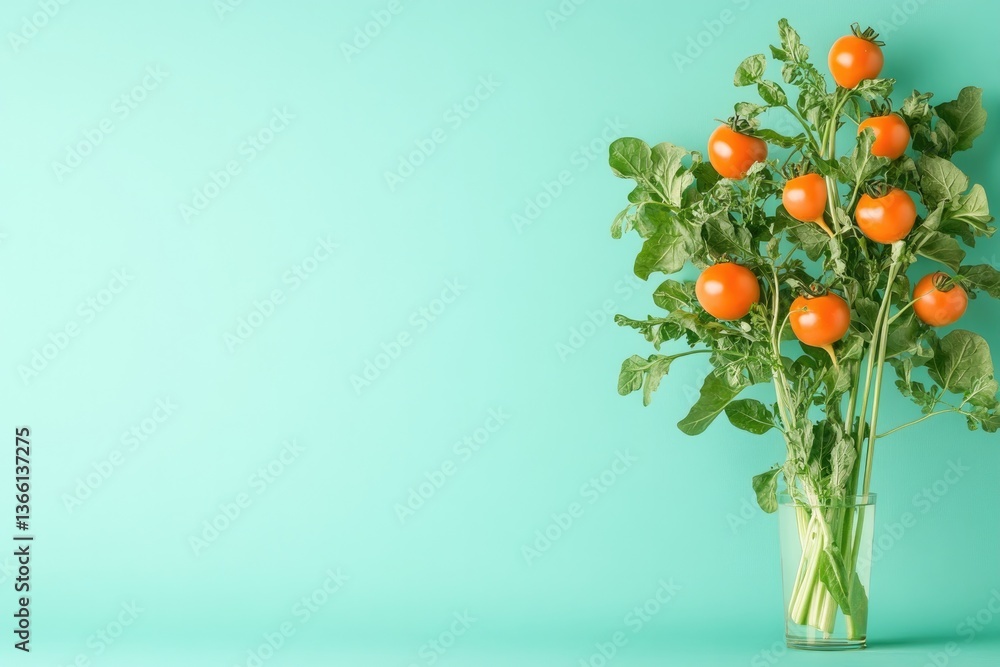 Poster bold image of vegetables arranged in shape of tree glowing softly against smooth gradient background