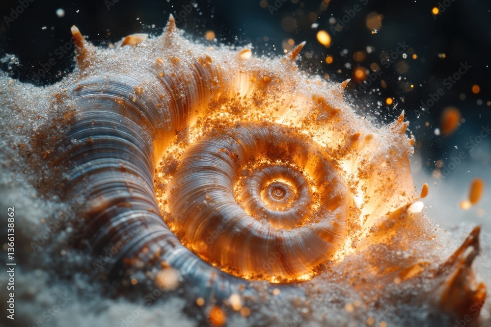 Poster radiant seashell: a close-up view of a seashell, illuminated with a warm glow, resting on a bed of f