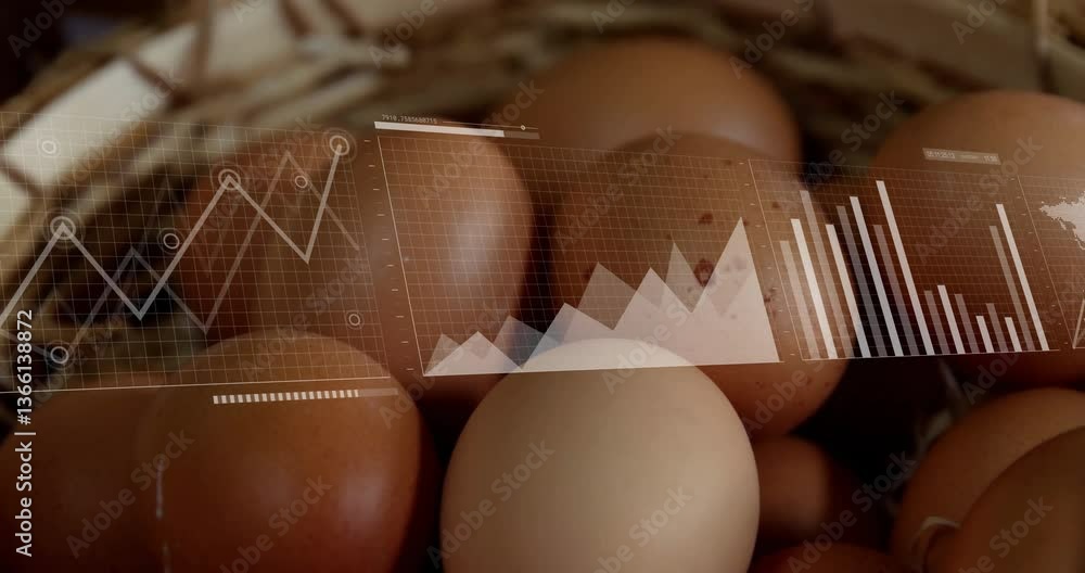 Aufkleber animating graphs and charts over basket of brown eggs, focusing on data analysis