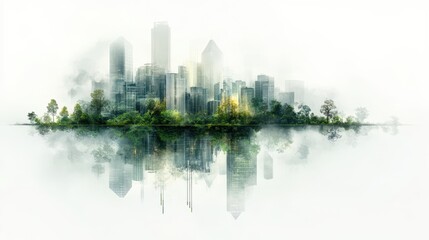 Fototapeta premium Ethereal Metropolis: A Fusion of Greenery and Architecture in Digital Watercolor Reflection