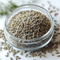 Fresh cumin seeds in glass bowl for culinary and herbal uses highlighting aromatic flavor essentials