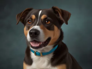A charming dog with a multi-colored coat and a cheerful expression, framed against a muted backdrop. A portrait of a loyal companion, exuding warmth and friendliness. 