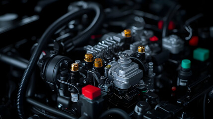 Fototapeta premium Detailed Close Up View Of A Car Engine Showing Complex Metal Parts With Gold Silver And Red Color Accents In A Dark Environment