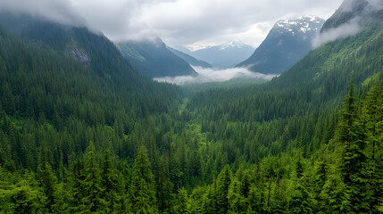 Fototapeta premium Aerial View Of Dense Green Forest Landscape Between Mountain Peaks Under Cloudy Sky With Misty Valley