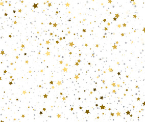 Minimal Confetti Stars in Gold and Silver on White Surface.