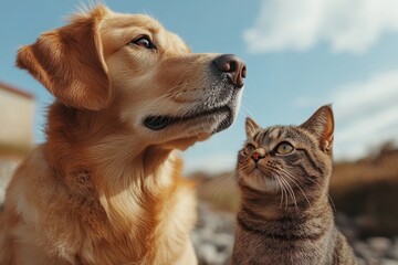 Best Friends Forever: A heart-warming scene of canine companionship with a friendly dog and a domestic cat, basking in the gentle sunlight and a bright blue sky, sharing a moment of mutual affection.