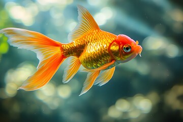 Vibrant Goldfish Swimming Gracefully Underwater with Sunlight Reflections in a Freshwater Aquarium