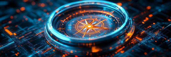 Illuminated compass on a circuit board background glowing with blue and orange light.