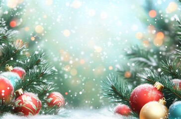 Obraz premium Festive Christmas Ornaments on Snowy Surface with Bokeh Lights