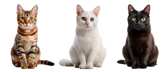 Three cat set, white cat, black cat, brown cat isolated on transparent background