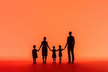 Silhouettes of family holding hands against vibrant orange backd