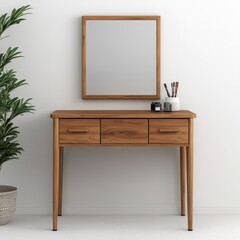 Modern Wooden Desk with Mirror and Decorative Green Plant