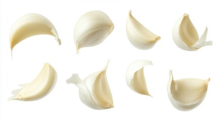 Naklejka premium Floating Garlic Cloves on White Background Culinary Photography