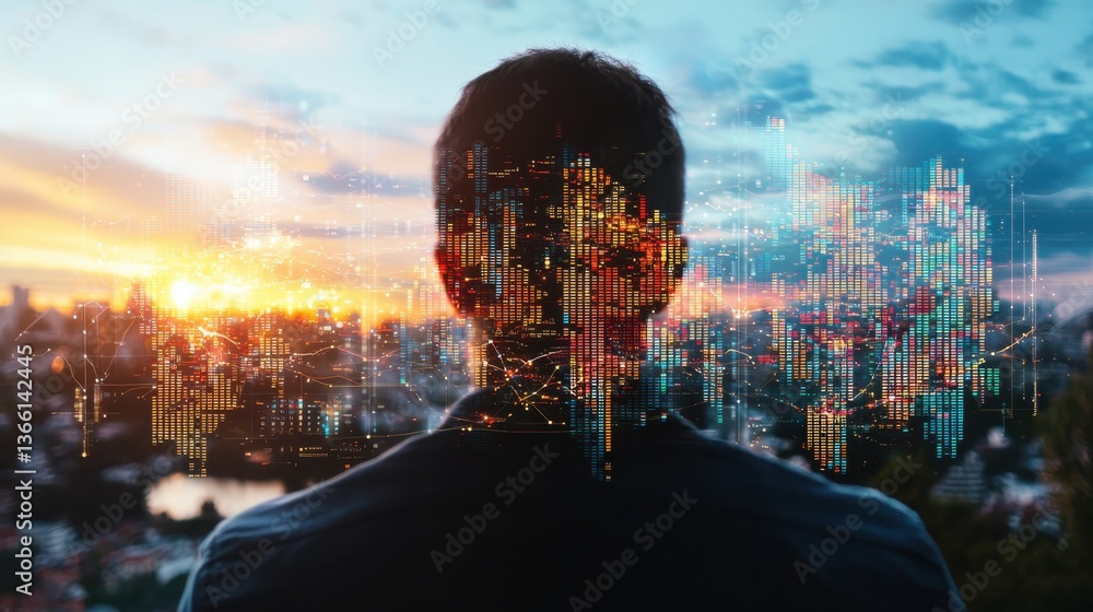 Poster intrigued audience engages with visually compelling data representation on a sleek screen at a sunse