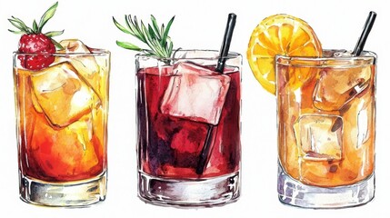 Hand-painted watercolor cocktails presented against a pristine white backdrop.
