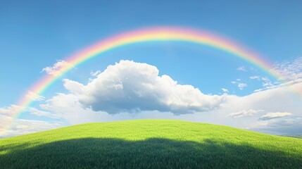 Naklejka premium Vibrant rainbow arching over lush green hill nature scene bright sky serene environment