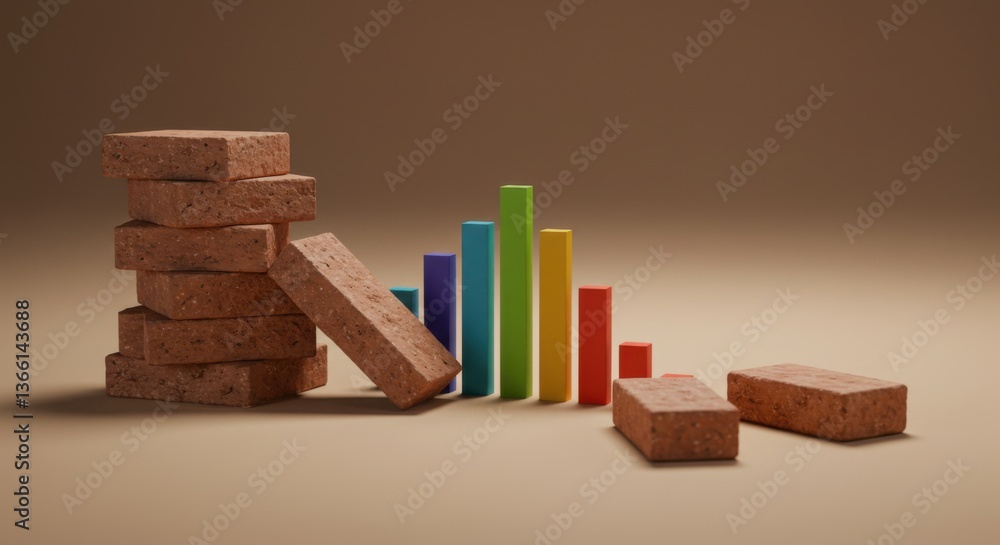 Poster a studio shot of stacked and scattered bricks juxtaposed with a colorful, abstract bar graph on a ne
