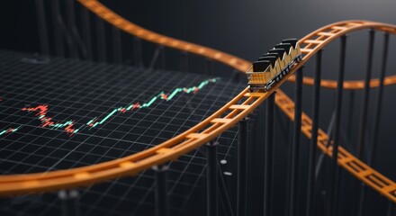 A rollercoaster car traverses a winding track against a backdrop of financial charts, symbolizing market volatility