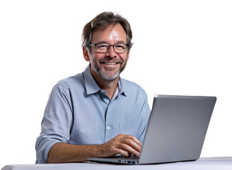 PNG Middle age mman working laptop happy glasses casual.