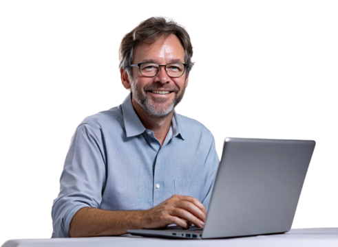 PNG Middle age mman working laptop happy glasses casual.