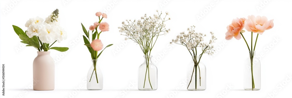 Poster a row of vases with flowers in them. the vases are of different sizes and are arranged in a row. the