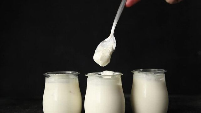 Skyr white yogurt appetizer dish fresh delicious gourmet food background on table rustic food top view copy space keto and paleo diet vegetarian food