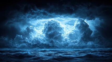 Fototapeta premium Stormy ocean at night, dark clouds, dramatic sky, background texture, weather wallpaper