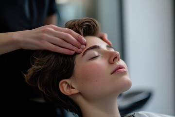 Fototapeta premium Enjoying a relaxing facial treatment at a modern salon while receiving a gentle massage on the forehead