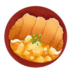 A watercolor illustration of Japanese katsu curry with crispy tonkatsu over rice, rich curry sauce, potatoes, and carrots. Garnished with green onions, perfect for food art, restaurant menus.