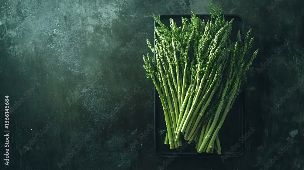 Poster fresh asparagus spears are neatly arranged on a dark tray, resting on a textured, dark background, c