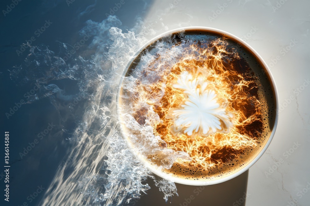 Poster Caffeine art creation in a latte textured surface overhead view gentle light realistic presentation