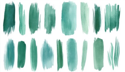 Green Paint Strokes Texture Collection on White Background